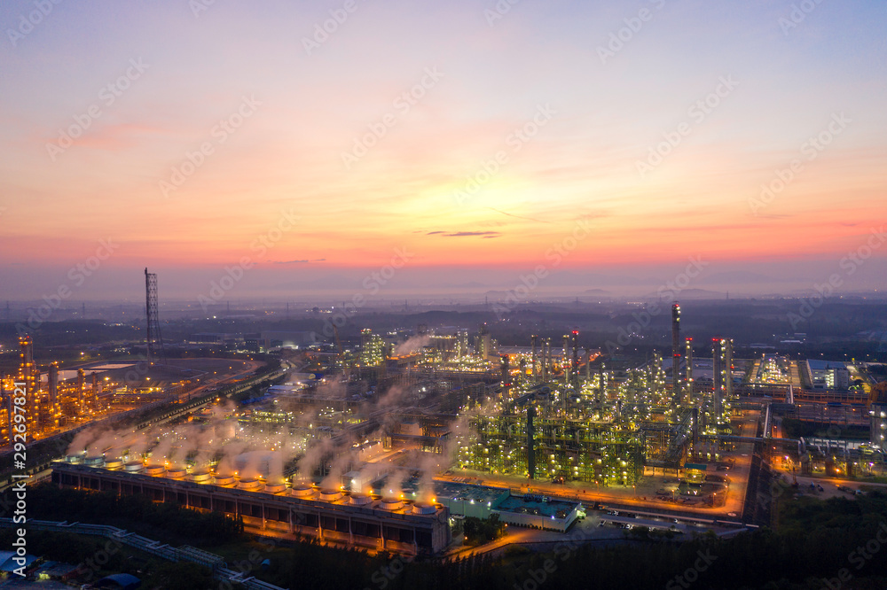 Aerial view Thermal power industry power plant at sunrise.