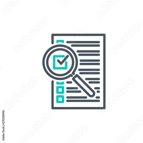 check box list page with magnifier glass outline flat icon. Single quality outline logo search symbol for web design mobile app. Thin line design logo sign Loupe lens icon isolated on white background