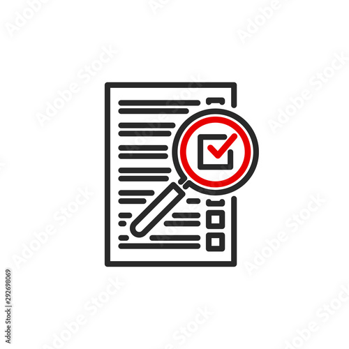 check box list page with magnifier glass outline flat icon. Single quality outline logo search symbol for web design mobile app. Thin line design logo sign Loupe lens icon isolated on white background