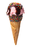 wafer cone decorated colorful sprinkles and chocolate icing with pink scoop of ice cream and glaze with strewn of sprinkles isolated on white background