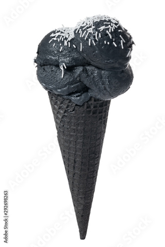 black cone, wafer cup with scoops of black ice cream with white sprinkles is isolated on background