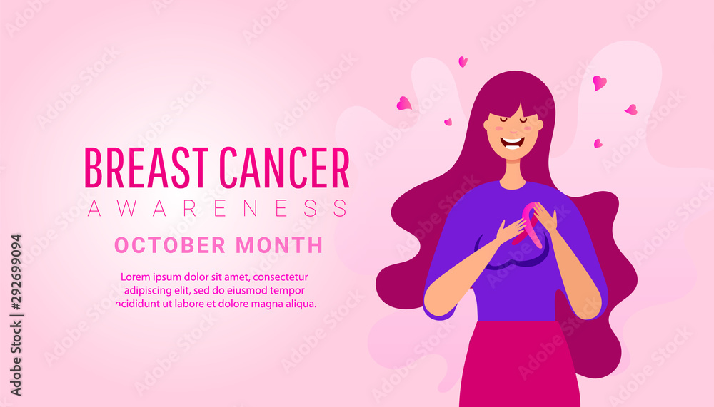 Breast Cancer Awareness month illustration of woman for help and support on pink background Breast Cancer Awareness month illustration of woman for help and support on pink background