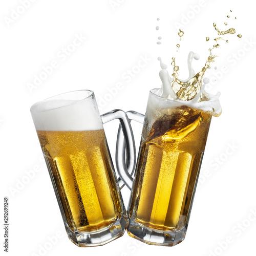 two glass mugs with beer