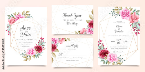 Elegant wedding invitation card template set with geometric floral frame. Watercolor flowers save the date, invitation, greeting, respond , thank you cards vector