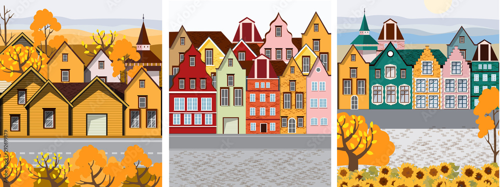 Pack of Old retro town with colorful buildings and cobblestone paved road in front. Flat cartoon vector