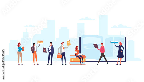 Group of people characters reading. Global education concept. Vector flat cartoon graphic design illustration