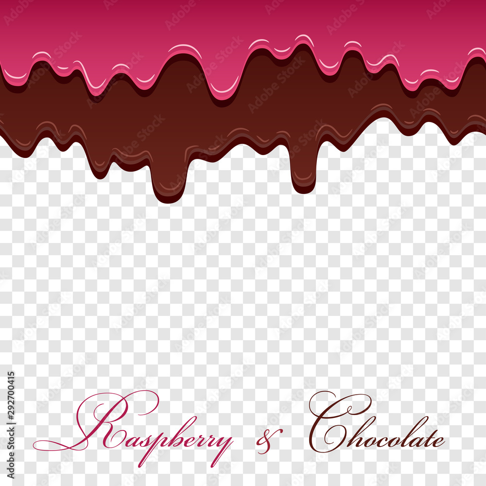 Dark chocolate, jam raspberry seamless pattern. Drip chocolate isolated white transparent background. Sweet melting cream. Dripping 3d design. Delicious dessert. Melted drop choco. Vector illustration Dark chocolate, jam raspberry seamless pattern. Drip chocolate isolated white transparent background. Sweet melting cream. Dripping 3d design. Delicious dessert. Melted drop choco. Vector illustration