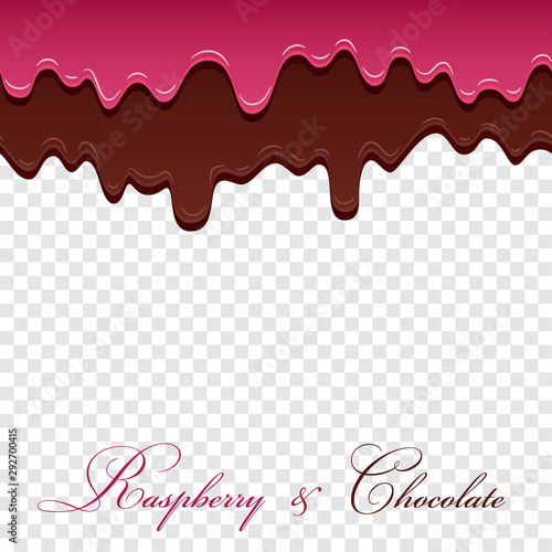 Dark chocolate, jam raspberry seamless pattern. Drip chocolate isolated white transparent background. Sweet melting cream. Dripping 3d design. Delicious dessert. Melted drop choco. Vector illustration