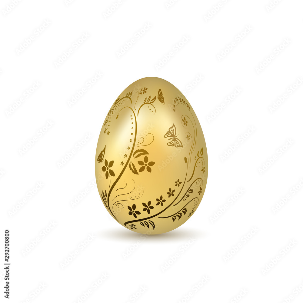 Easter egg 3D icon. Gold shine egg, isolated white background. Floral hand drawn design, flower branch decoration pattern Happy Easter celebration. Holiday element. Spring symbol. Vector illustration Easter egg 3D icon. Gold shine egg, isolated white background. Floral hand drawn design, flower branch decoration pattern Happy Easter celebration. Holiday element. Spring symbol. Vector illustration