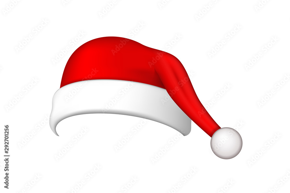 Santa Claus hat 3D. Realistic Santa Claus hat isolated on white background. Red funny cap silhouette. Merry Christmas clothes cute design. New year decoration wear costume. Vector illustration Santa Claus hat 3D. Realistic Santa Claus hat isolated on white background. Red funny cap silhouette. Merry Christmas clothes cute design. New year decoration wear costume. Vector illustration
