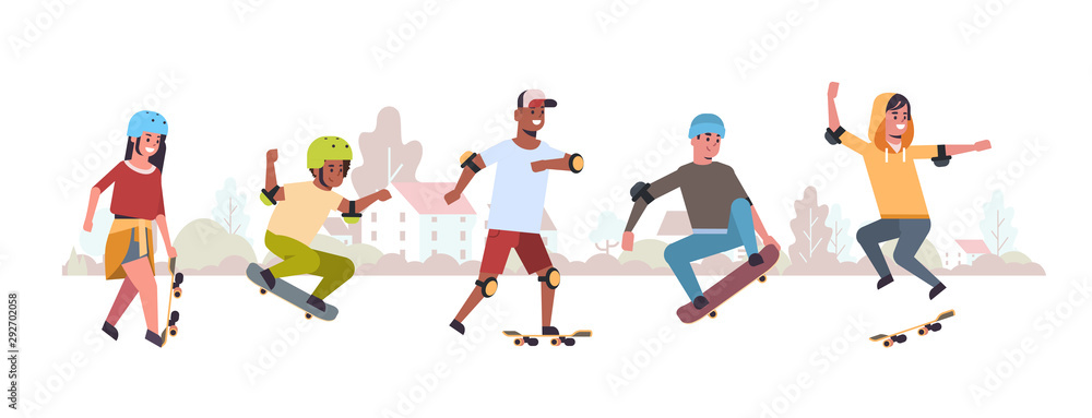 skaters performing tricks in public skate board park skateboarding concept mix race teenagers having fun riding skateboards landscape background flat full length horizontal skaters performing tricks in public skate board park skateboarding concept mix race teenagers having fun riding skateboards landscape background flat full length horizontal