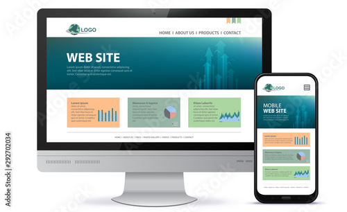 Responsive Website Design With Desktop Computer Screen and Mobile Phone Vector Illustration.