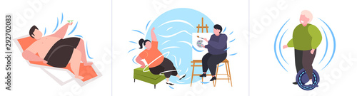 set fat obese people in different poses overweight male female characters collection obesity unhealthy lifestyle concept flat full length horizontal