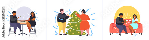 set fat obese people in different poses overweight mix race male female characters collection obesity unhealthy lifestyle concept flat full length horizontal