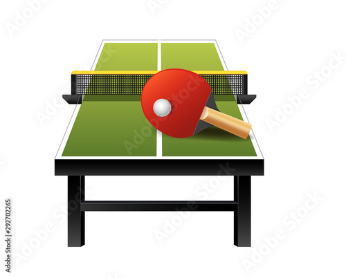 3d table tennis ping-pong equipment with net, racket and ball isolated on white background, vector