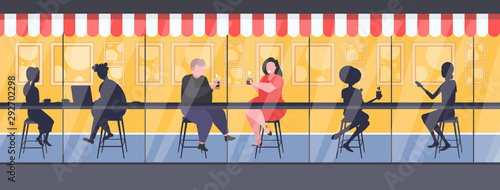 fat obese couple drinking coffee discussing during meeting men women silhouettes sitting at counter desk obesity concept modern street cafe exterior flat full length horizontal