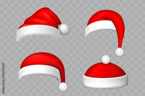 Santa Claus hat 3D set. Realistic Santa Claus hat isolated transparent background. Red funny cap silhouette. Merry Christmas clothes cute design. New year decoration wear costume. Vector illustration