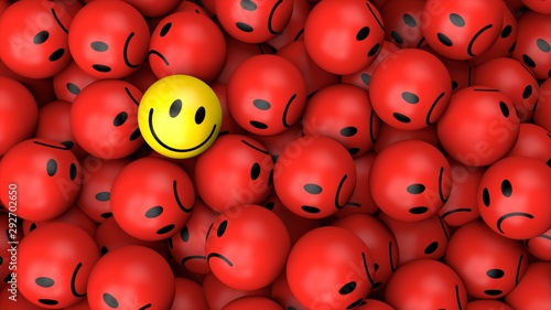 One yellow happy smiley between many red spherical sad others as concept for unique, optimistic, positive, difference 3D rendering