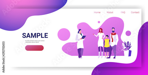 parents with child visiting female family doctor giving prescription for patients healthcare medical consultation concept sketch horizontal full length copy space
