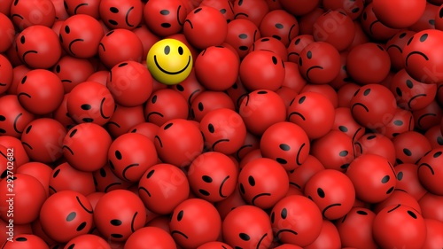 One yellow happy smiley between many red spherical sad others as concept for unique, optimistic, positive, difference 3D rendering