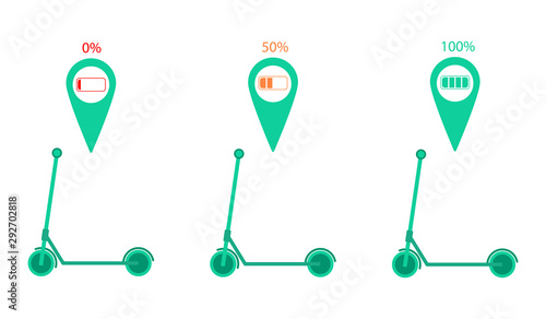 Set of 3 electric kick scooters with map location pin and different percent of battery charge indicator isolated on white background. Micromobility city transport. Vector illustration eps10.