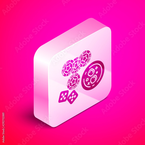 Isometric Casino chips, game dice and glass of whiskey with ice cubes icon isolated on pink background. Casino poker. Silver square button. Vector Illustration