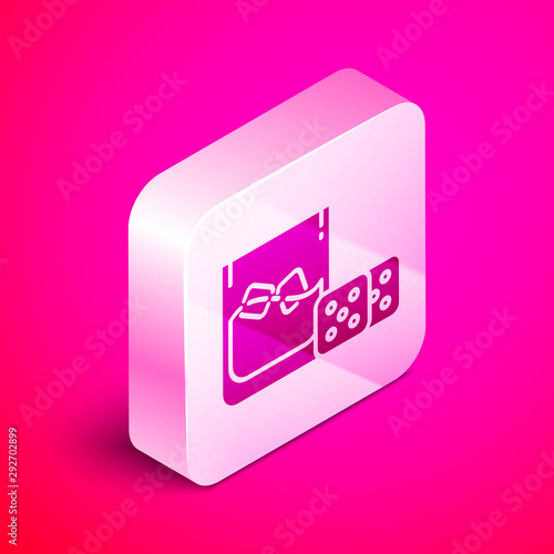 Isometric Game dice and glass of whiskey with ice cubes icon isolated on pink background. Casino gambling. Silver square button. Vector Illustration