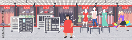 fat obese woman choosing new dress in fashion shop over size girl visiting female clothes market obesity concept shopping mall boutique interior full length horizontal vector illustration