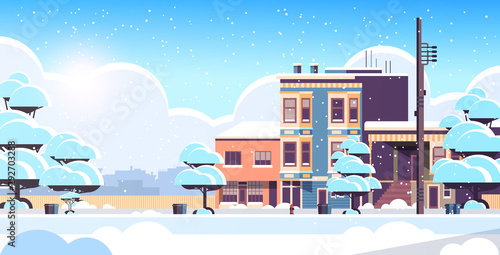 city building houses exterior modern town snowy street in winter season sunset snowfall cityscape background horizontal flat