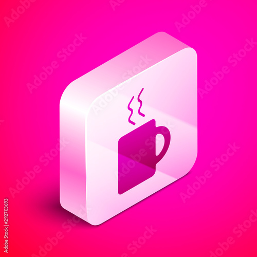 Isometric Coffee cup icon isolated on pink background. Tea cup. Hot drink coffee. Silver square button. Vector Illustration