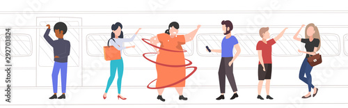 fat obese woman inside subway metro train overweight sweaty girl with mix race passengers in public transport obesity concept horizontal full length