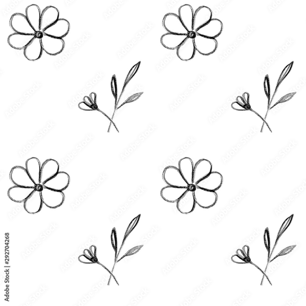 Obraz premium Seamless pattern of simple gray monochrome flowers and leaves. Botanical print. Decorative hand drawing background.