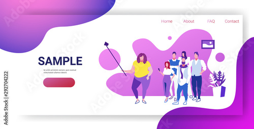 fat woman holding selfie stick businesswoman with colleagues group taking photo on smartphone camera coworkers team standing together sketch full length horizontal copy space