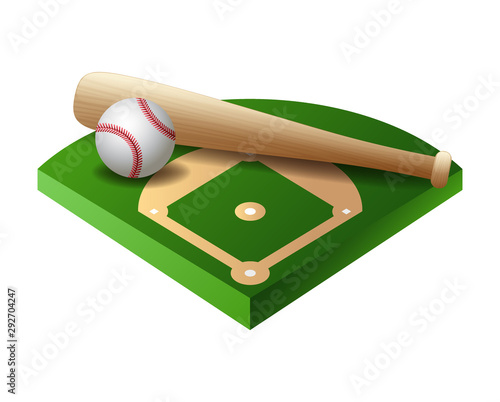 3d baseball base, field part with bat and ball