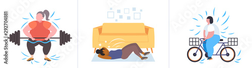 set fat obese people in different poses overweight mix race male female characters collection obesity weight loss concept flat full length horizontal