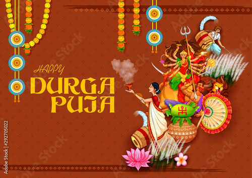 illustration of Goddess in Happy Durga Puja Subh Navratri Indian religious header banner background © vectomart