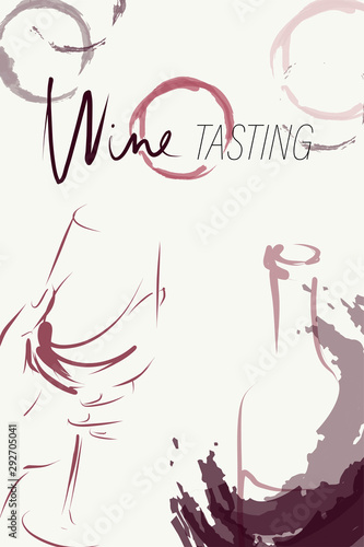 Glass of wine, bottle, wine stains and splash. Hand-drawn and calligraphic design elements. Vector