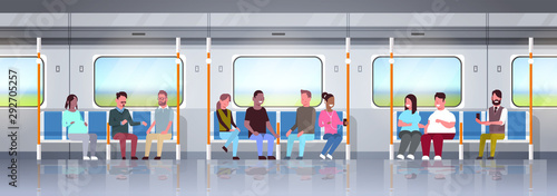 people inside subway metro train mix race passengers sitting in public transport concept horizontal flat full length