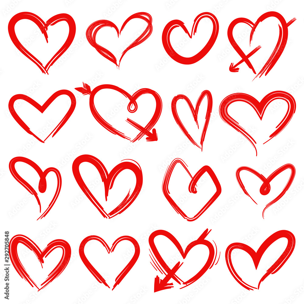 Hand drawn red hearts. Rough doodle drawn heart valentines day symbols ...