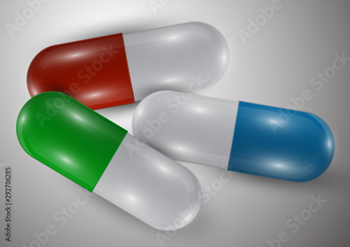 Background with bright pills, capsules. Vitamin pills for good health and antibiotics. Poster banner for website. Pharmacy, painkiller capsules and medications.