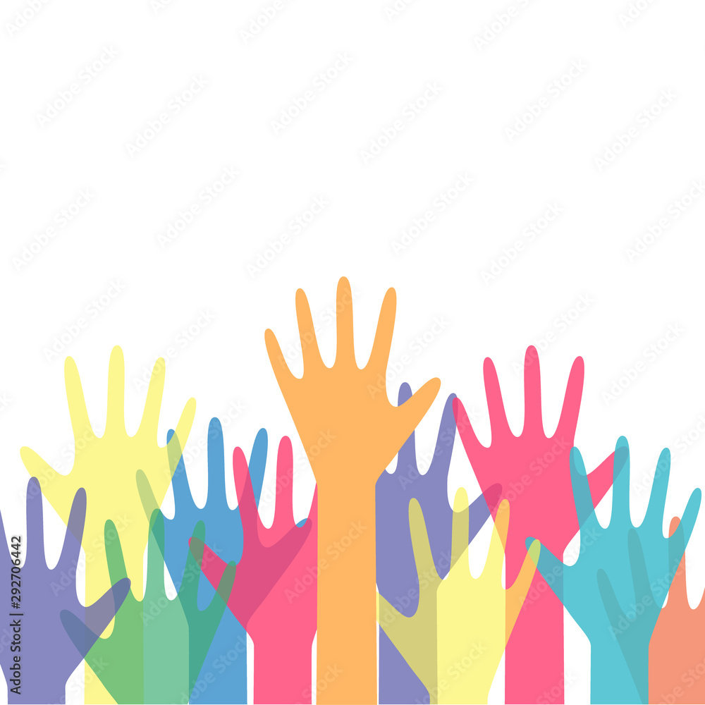 Human hands reaching up colorful vector illustration. Hands reaching out, social help concept, team, group work.