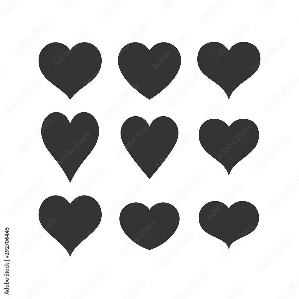 Heart shape black vector icon set. Heart symbol simple shape set for decoration.