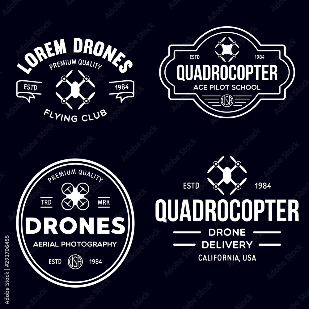Obraz premium Set of drone logos, badges, emblems and design elements. Quadrocopter flying club, delivery logotypes.