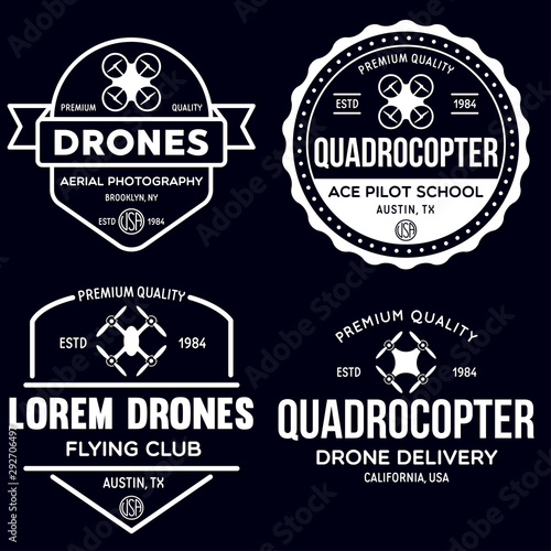 Set of drone logos, badges, emblems and design elements. Quadrocopter flying club, delivery logotypes.
