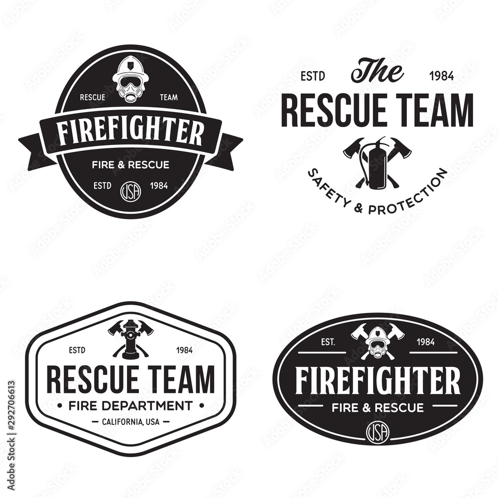 Set of firefighter volunteer, rescue team emblems, labels, badges and logos in monochrome style.