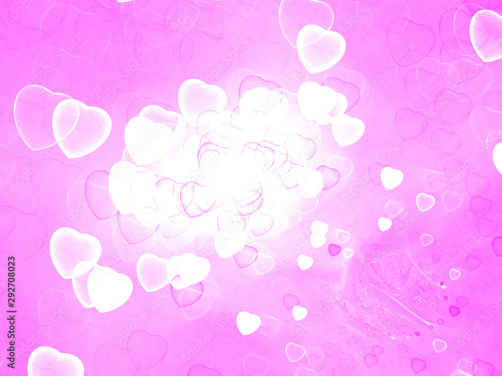 Abstract Illustration - Glowing Pink Bokeh Hearts, soft shapes blurred background. Magical fantasy background image, vibrant transparent glowing shapes. Colored hearts, digital artwork, random