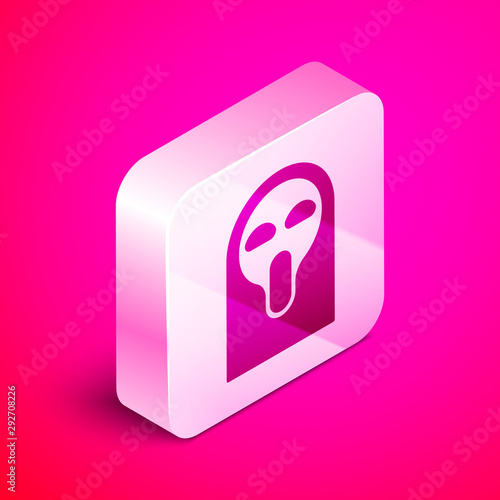 Isometric Funny and scary ghost mask for Halloween icon isolated on pink background. Happy Halloween party. Silver square button. Vector Illustration