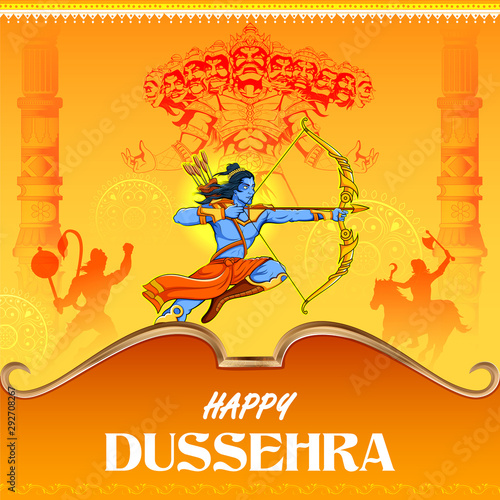 illustration of Lord Rama and Ravana in Dussehra Navratri festival of India poster