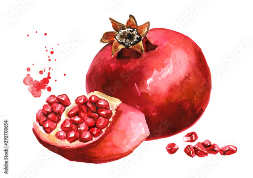 Pomegranate fruit. Watercolor hand drawn illustration, isolated on white background