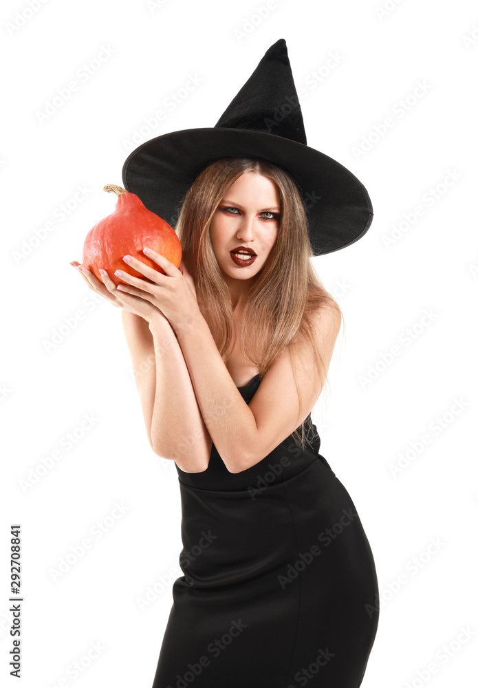 Beautiful woman dressed as witch for Halloween on white background Beautiful woman dressed as witch for Halloween on white background